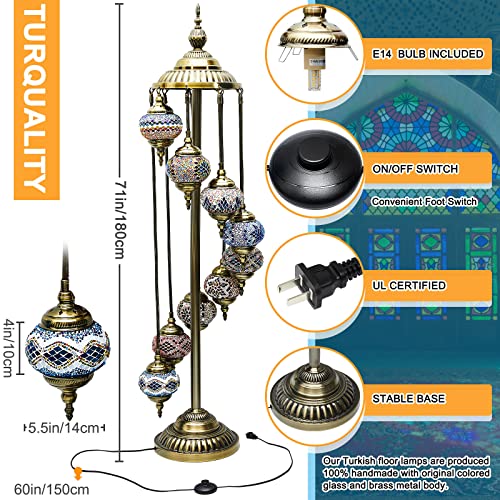 9 Globes Turkish Floor Lamp Bohemian Floor Lamp Glass Moroccan Lighting Decorative Mosaic Standing Boho Lamp With North American Plug And Socket For Living Room Bedroom, 6 Feet, Multicolor #TOP1