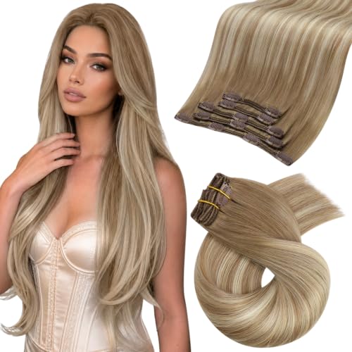 Moresoo Clip in Hair Extensions Blonde Balayage Human Hair 16 inch 80g