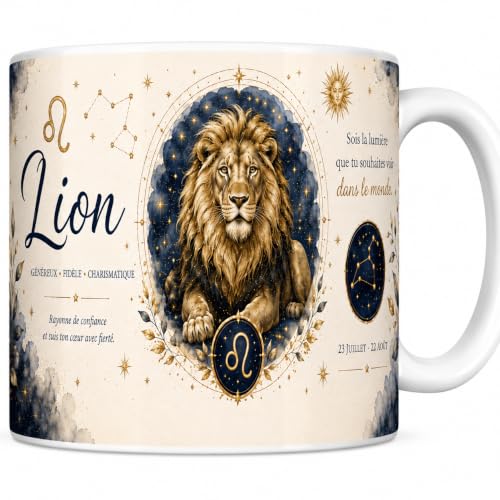 Les trésors d'érable Mug Lion - Signe de Feu, Charisme & Générosité - Tasse Céramique Blanche 330 ml - Cadeau Anniversaire - Imprimé en France - EveryMug