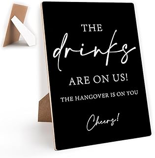 The Drinks Are On Us Wedding Bar Sign, 8x11" Wooden Table decorations With Stand, Wedding Signs For Reception And Ceremony, Minimalist Wedding Decoration Sign for Bridal Shower, Weddings Supplies,02