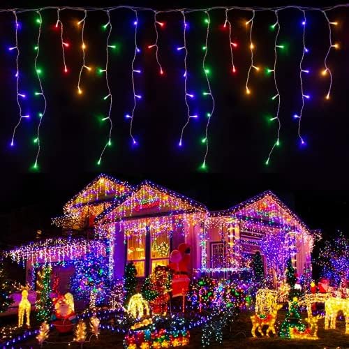 LIGHTNUM Icicle Lights Outdoor, 7.5m/24.61ft 200 Multicolored LEDs Fairy Lights Plug in, Waterproof String Lights, Clear Cable, Holiday Lighting for Window, Garden, Party 21050