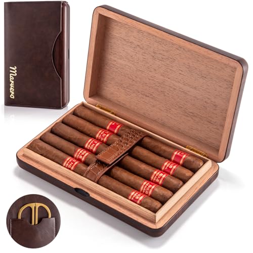 Marvero Humidor de puros de viaje, humidor puros de madera de cedro con funda de cuero, Caja puros portátil,impermeable, a prueba de golpes, hermética, duradera (capacidad hasta 5-10 puros)
