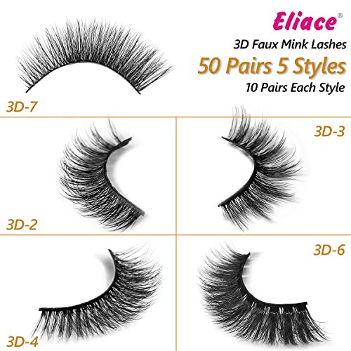 Eliace Eyelashes, 50 Pairs 5 Styles 3D Faux Mink Lashes Natural Look Wispy Cat Eye Lashes Bulk, Handmade False Eyelashes Set Professional Fake Eyelashes Pack Fluffy False Lashes #TOP3