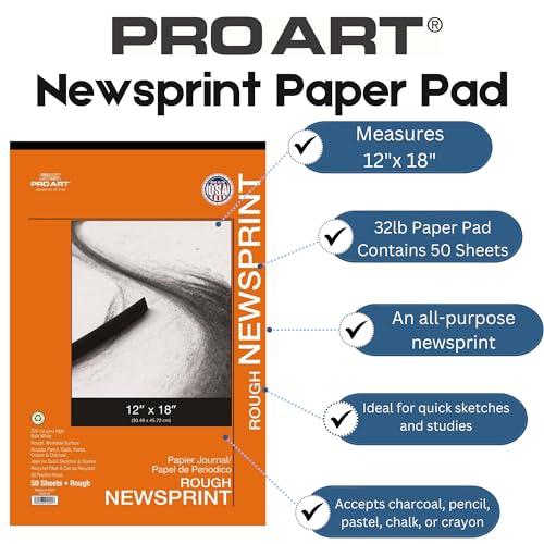 PRO ART 12-Inch by 18-Inch Rough Newsprint Paper Pad, 12-inch x 18-inch, 50 Sheet Tape Bound Pad (0220-05)