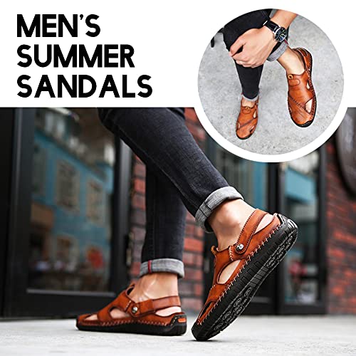 Rojeam Mens Casual Synthetic Leather Sandals Closed Toe Beach Slippers Flat Shoes Summer Sandals for Hiking Trekking, Brown, 11 UK - Image 5