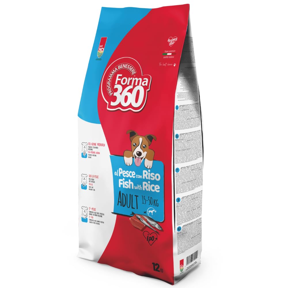 Pet360 Forma Adult Pesce e Riso 12 Kg – Crocchette per Cani Adulti Medium e Maxi – Alta Digeribilità con Omega 3, FOS e Glucosamina – Supporto Cute, Pelo e Articolazioni