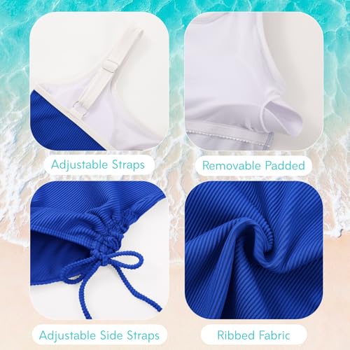 Image of Weixinbuy Girls Swimsuit Ribbed Bathing Suit for Girls Adjustable Strap Color Block Summer Beach One Piece Swimsuit