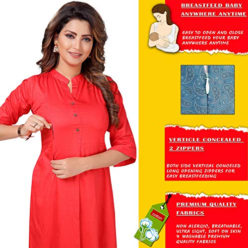 Image of CEE 18 Women's Cotton Staight Maternity Feeding Kurti with Zippers (9636 Tomato X-Large)