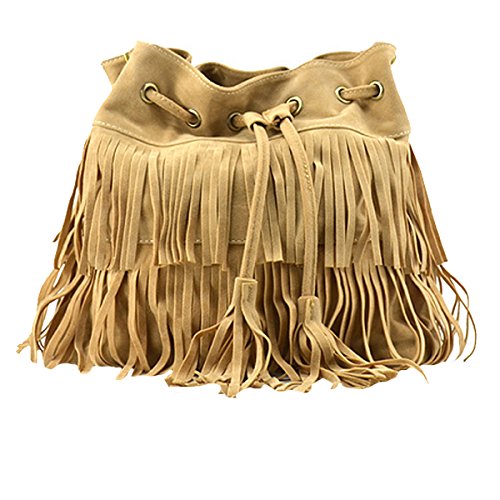 CLARA Women Faux Suede Tassel Fringe Bucket Bag Hippie Shoulder Bag Crossbody Bag