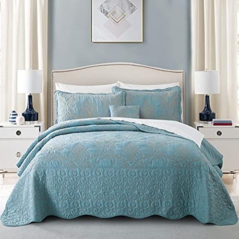 BYTIDE Quilt Bedspread Oversized Queen 4 Piece Bedding Set 110" x 120" Elegant Antique Classy Damask Embroidery with Scallop Edges, Ultra Soft Lightweight Coverlet, Forget Me Not Cover