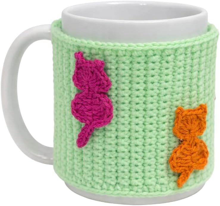Handmade Crochet Mug Cozy with Cat Design, Green with Pink and Orange Cats, Fits 11 oz Mugs, Heat Protection Coffee Sleeve