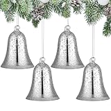 Soaoo 4 Pcs Christmas Glass Hanging Bells Ornaments 4 x 3 Inch Retro Silver Mercury Bells Pendant for Xmas Vintage Rustic Farmhouse Tree Stairs Fireplace Mantle Garland Door Decoration Supplies