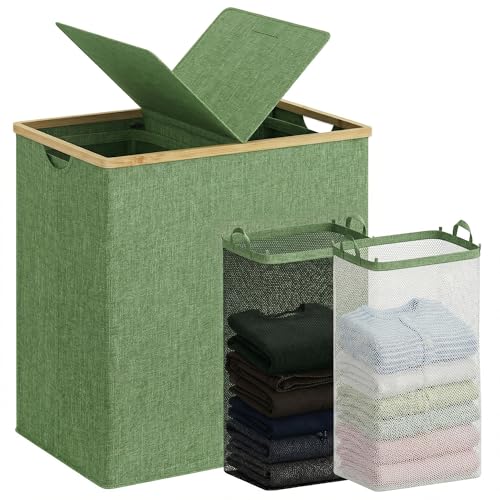 efluky Laundry Hamper with Lid, Double Laundry Basket with 2 Removable Bags, 2 Section Laundry Bin with Bamboo Handles for Bathroom, Bedroom & Laundry Room, 140L (36.9 Gallon) Sage Green
