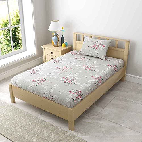 Image of Haus & Kinder Satin Floral 100% Cotton Bedsheet with 1 Pillow Cover, 186 TC, Size 88 inch by 58 inch (Grey)