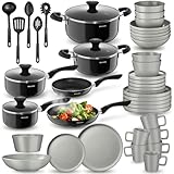 tectake® Set de cuisine 45 pièces, Service de table 6 personnes et Batterie de cuisine, Poêles, Casseroles, Assiettes plates, Assiettes creuses, Bols, Tasses, Louche, Spatule, Vaisselle en grès
