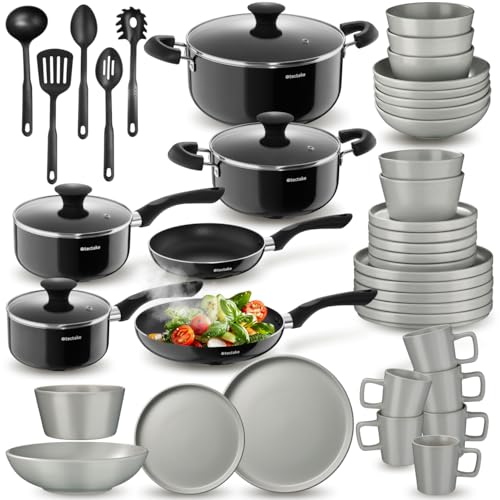 tectake® Set de cuisine 45 pièces, Service de table 6 personnes et Batterie de cuisine, Poêles, Casseroles, Assiettes plates, Assiettes creuses, Bols, Tasses, Louche, Spatule, Vaisselle en grès