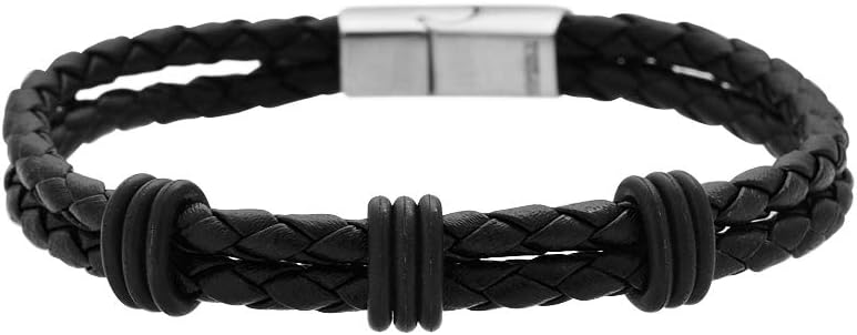 Mens Two-Strand Braided Genuine Leather Wheat Chain Bracelet with Stainless Steel Closure