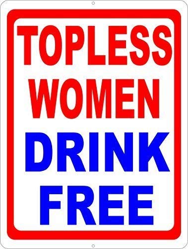 Topless Women Drink Free Fun Backyard Pool Area Decor Safety Tin Sign 8x12 Inch