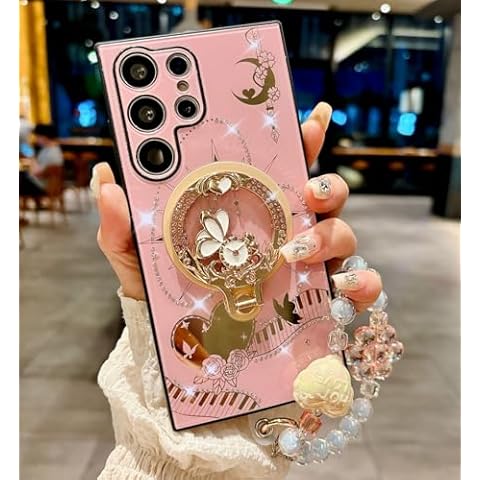 for Samsung Galaxy S22 Ultra Bling Case [Compatible with MagSafe] Luxury for Women Girls Kids Design Glitter Diamond Pretty Cute Flower Kickstand Cover with Wrist Strap,Pink Cover