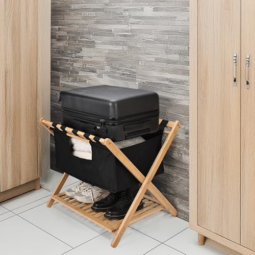 Socrates Building Supplies Folding Luggage Rack with Laundry Bag, Black Straps for Guest Room / Hotel Suitcase Stand, Sturdy in Bamboo, high load capacity