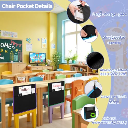 NURATIT 24 PCS Chair Pockets for Classroom, 15.6x16.8 Inch Seat Pockets for Classroom Chairs, Black Seat Sacks for Classroom Chairs with Name Tag, Back of Chair Organizer for Kids in Classroom by NURATIT - Image 4