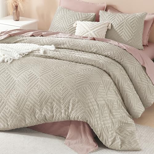 Image of Litanika Oatmeal Super King Plus Comforter, 3 Pieces Tufted Boho Farmhouse Bedding Comforter Sets, Lightweight Fluffy Bed Set for All Season (128x120In Comforter and 2 Pillowcases)
