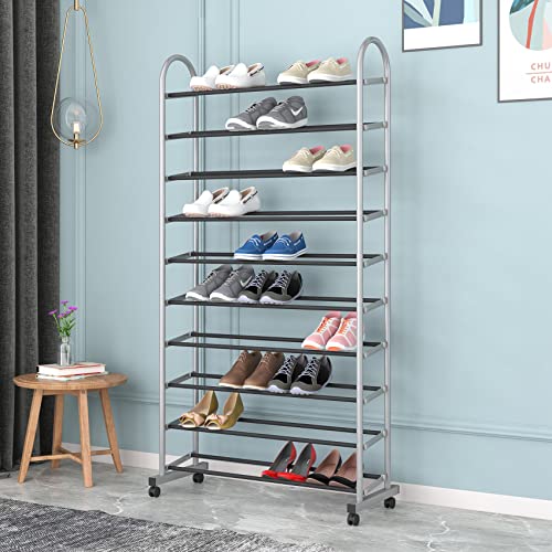 Fkuo 10-Tier Shoe Rack With Wheels Large Capacity Metal Shoe Storage Unit Tall Shoe Organizer Shelf For 40 Pairs, For Entryway, Hallway, Closet, Dorm Room (Gray&Black, 10 Tier With Wheels) #TOP2