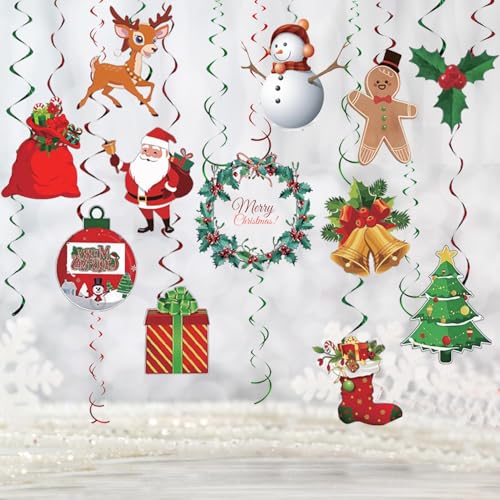 24 PCS Christmas Hanging Foil Swirl Decorations Set, Christmas Santa Claus Elk Sign, Xmas Hanging Swirls Ceiling Decorations for Indoor Outdoor Happy Christmas Holiday Party Decoration Supplies