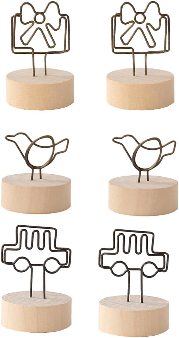 Holibanna 6pcs Vintage Wooden Photo Clips and Memo Holders with Butterfly, Bird, and Car Designs, Desktop Note Clips for Home Office Decoration and Message Display Random Color