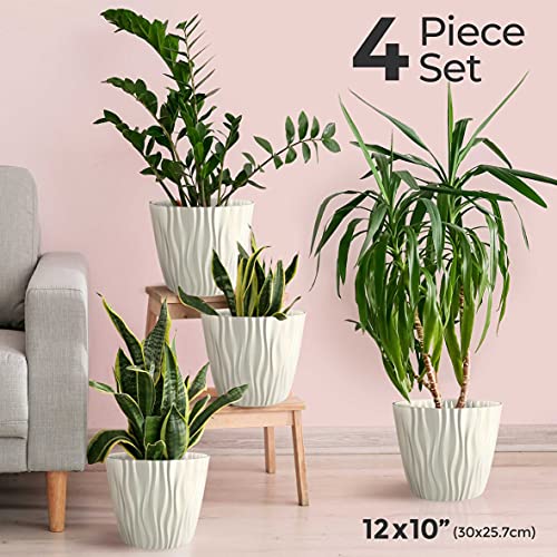 Mueller Austria Plant and Flower Pot 4/1 Set, Heavy Duty 12 Inch European Made Stylish Indoor/Outdoor Decorative Planter, for All House Plants, Flowers, Herbs, Beige
