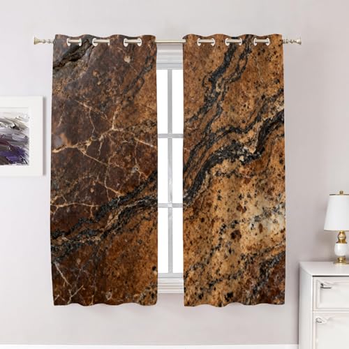 BaoNews Brown Texture Blackout Curtains for Bedroom, Brown Rock Marble Texture Drapes Plastic Grommet Top Insulated Thermal Living Room, 52X63 in 2 Panels