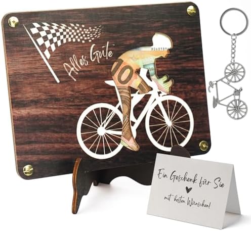 Mason Life Geldgeschenk Fahrrad Holz, Fahrrad Geldgeschenkbox mit Schlüsselanhänger, Geldgeschenk Jugendweihe, Abitur & Abschlussgeschenk, personalisierbares Holzschild mit Ständer