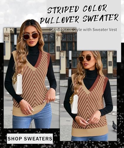 Image of MARZXIN Women Sleeveless Sweater V Neck Casual 2026 Fall Knitted Chevron V Neck Sweater Vest Color Block Pullover Sweater Top