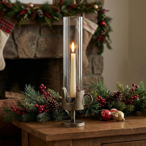 Handcrafted Cast Iron Base Hurricane Candle Holder with Glass Shade - Elegant Vintage Candle Stand for Taper Candles - Perfect for Living Room, Dining Room, and Home Décor 14“ High by SUJUN - Image 9