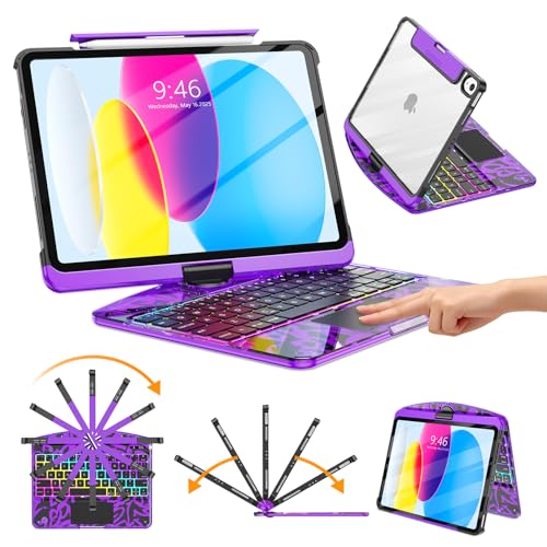 TSQQST Clear Wireless Keyboard Case for iPad (A16) 11th Generation 11-inch 2025/ iPad 10th Generation 10.9-inch 2022 with Pencil Holder & Multi-Touch Trackpad, 7-Color Backlit, 360 Rotatable, Purple