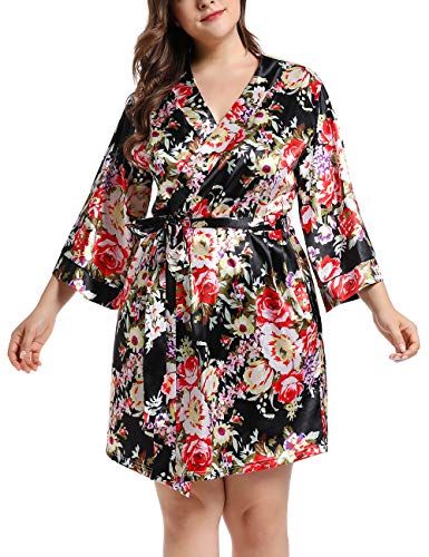Women Floral Satin Robe with Pockets Bridal Dressing Gown Wedding Bride Bridesmaid Kimono Sleepwear, Black, XXX-Large