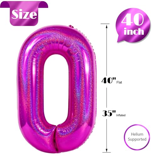 Image of Laser Hot Pink Number Balloon 40 Inch, 0 Number Balloons, 10 20 30 40 50 Numbers Balloon Birthday Decorations, Party Supplies for Women