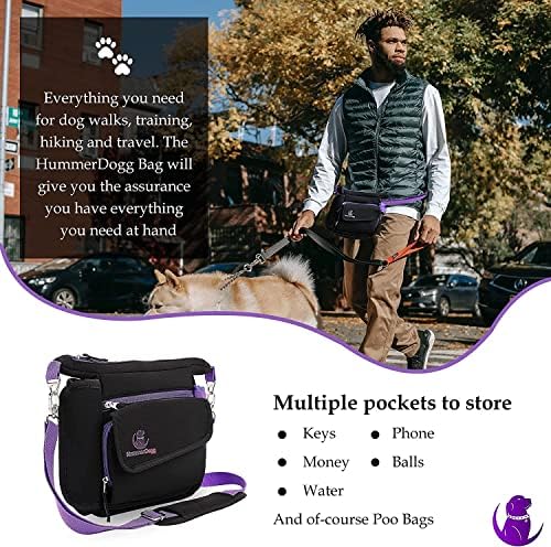 HummerDogg Dog Treat Bag with 15 Dog Poo Bags Blue Dog Walking Bag Adjustable Strap Dog Travel Bag with Bamboo Charcoal Odour Bag 19 x 5 x 25 cm - Neoprene Dog Treat Pouch with Bottle Holder (Purple)