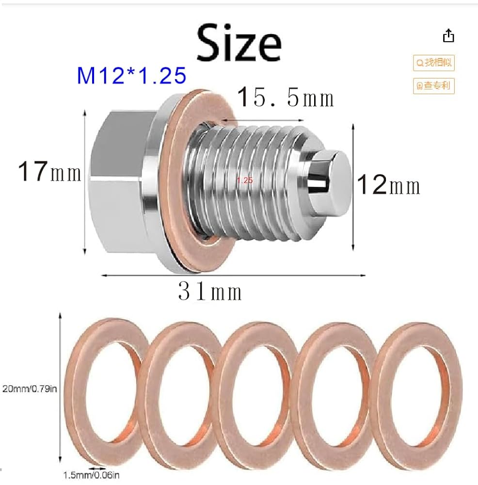 Tappo Coppa Olio Magnetico M12x1.5 Con 5 Rondelle - Compatibile BMW, Mercedes, Honda