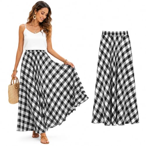 Cemssitu Boho Skirts for Women, Gingham Plaid Maxi Skirt, Flowy A-Line Elastic Waist Summer Beach Skirt (Black,TTG)