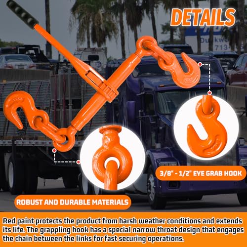 Ratchet Chain Binders 3/8" - 1/2" (2 Pack) | Adjustable Load Binder with 2 Grab Hooks for G70 Transport Chain | 9,200 Lbs Safe Working Load - Orange by SENKEYFE - Image 3