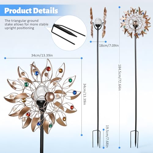 Solar Windrad Garten Metall mit Farbwechsel LED - Großes Windspiel Garten 190cm, Wetterfestes Windspiel Metall mit Federblättern & Kupfer-Optik, Windmühle für Außen Terrasse Balkon