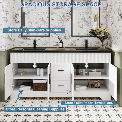 Image of eclife 72 inch Bathroom Vanities Sink Combo with Painted Surface, Modern Drawered Cabinet W /Decorative Wave Lines, Undermount Double Black Sink, Matte Black Faucet Drain, White