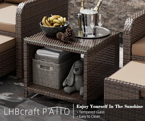 LHBcraft Balcony Furniture 5 Piece Patio Conversation Set, PE Wicker Rattan Outdoor Lounge Chairs with Soft Cushions 2 Ottoman&Glass Table for Porch, Lawn-Brown Wicker (Brown)