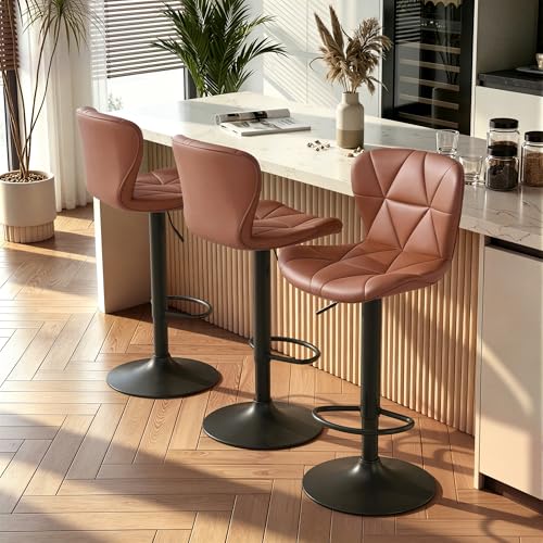 Nalupatio Modern Bar Stools Set of 3, Adjustable Faux Leather Upholstered Swivel Bar Stools, Counter Height Bar Chairs with Back for Kitchen Island, Rust