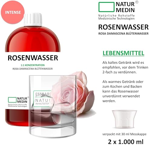 NATURMEDIN 2.000-ml (2 x 1.000-ml) LEBENSMITTEL ROSENWASSER INTENSE 100% naturrein Rosa damascena Blütenwasser ohne Zusatzstoffe NATURMEDIN®