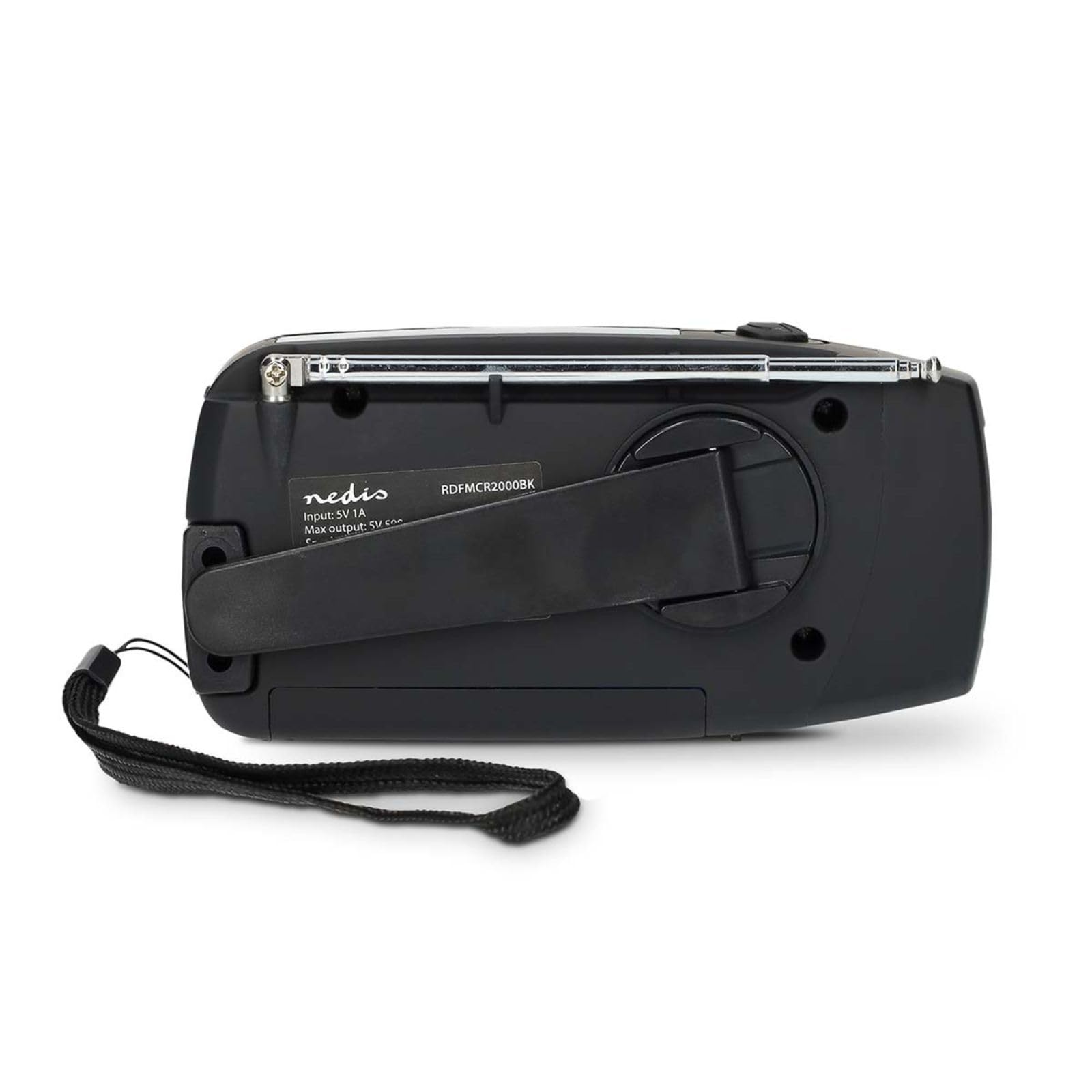 Nedis Przenośne radio awaryjne AM/FM, z panelem słonecznym i korbą ręczną, latarką LED, światłem SOS i akumulatorowym powerbankiem USB 2000 mAh, czarne