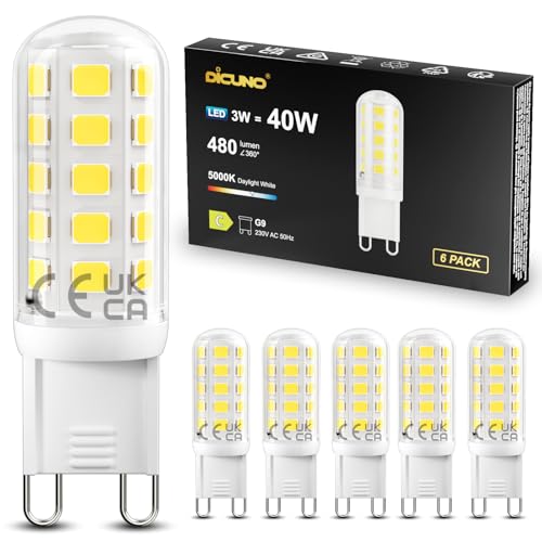 DiCUNO G9 LED Bulbs Dimmable Daylight White 5000K, 2.7W 440LM Energy Saving G9 LED Light Bulbs, 40W Halogen Equivalent, Class C Lamps Home Lighting Decor, Non-Flickering, 6 Pcs