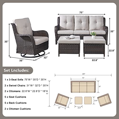 Rilyson Wicker Patio Furniture Set - 5 Piece Rattan Outdoor Sectional Conversation Sets With 2 Rocking Swivel Chairs,2 Ottomans And 1 Sofa For Porch Deck Garden(Brown/Beige) #TOP1