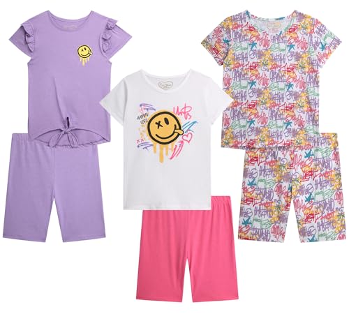Image of Dreamstar Girls Bike Short Set - 6 Piece Graphic Tee Shirts and Athletic Performance Bike Shorts for Girls Activewear Set